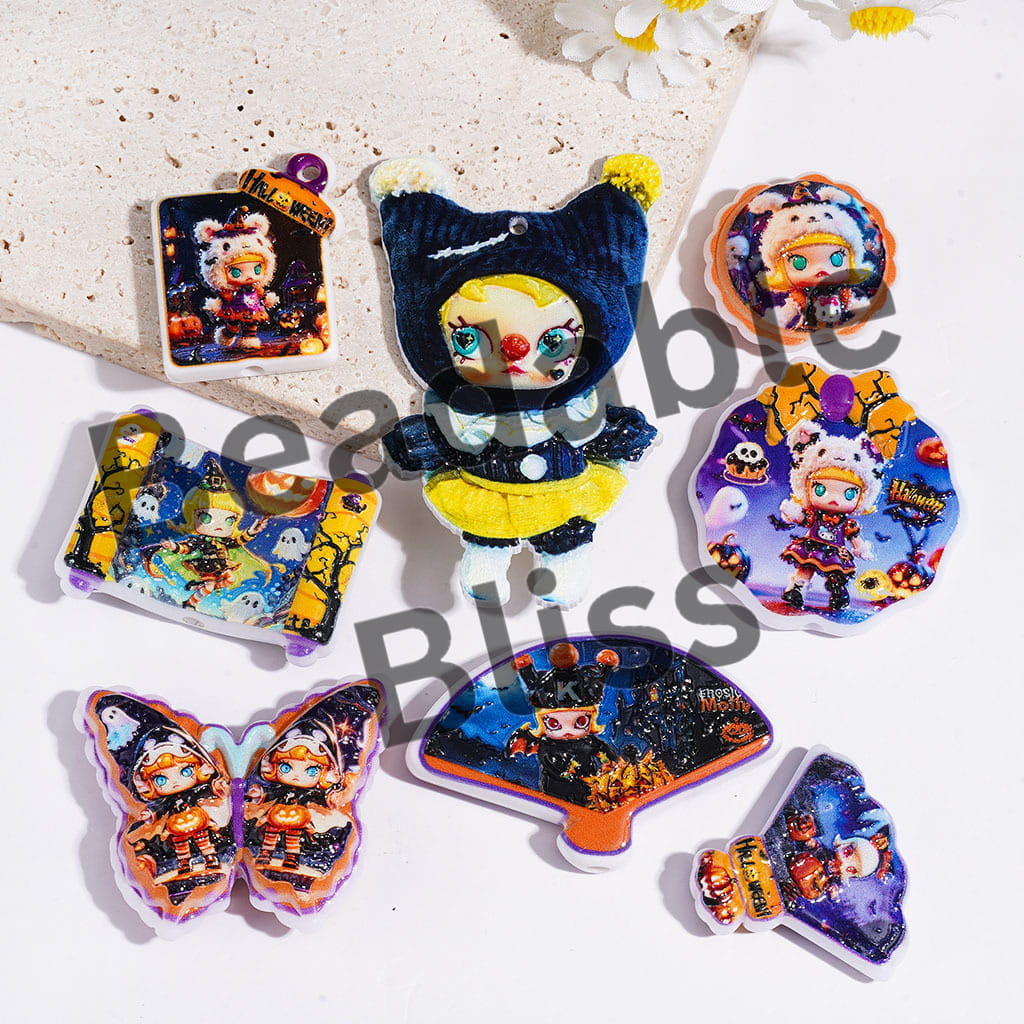 Acrylic Beads and Pendants Cool Baby Girl Doll Character Halloween Theme, Random Mix