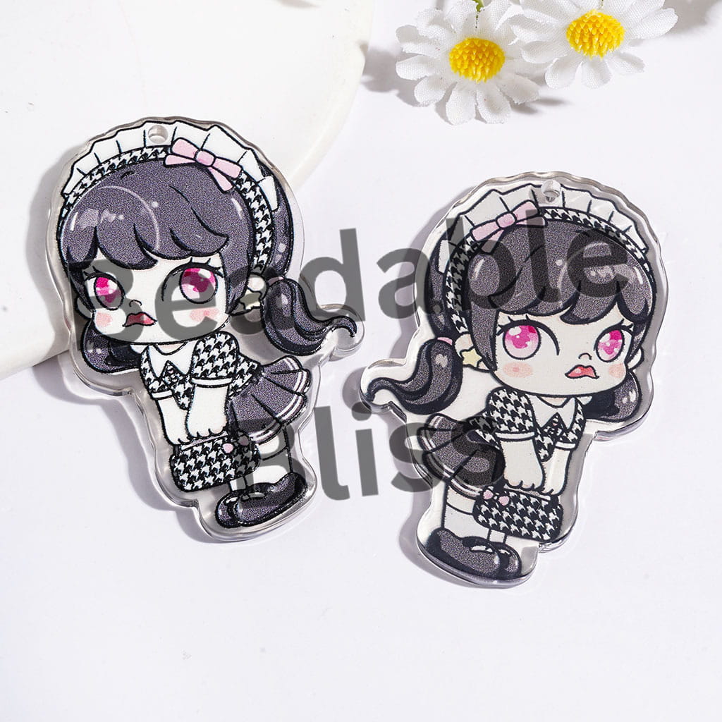 Gray Black Ponytail Girl Wearing Plaid Dress and Holding Bag with Pink Bowtie in Single-Sided Acrylic Pendants