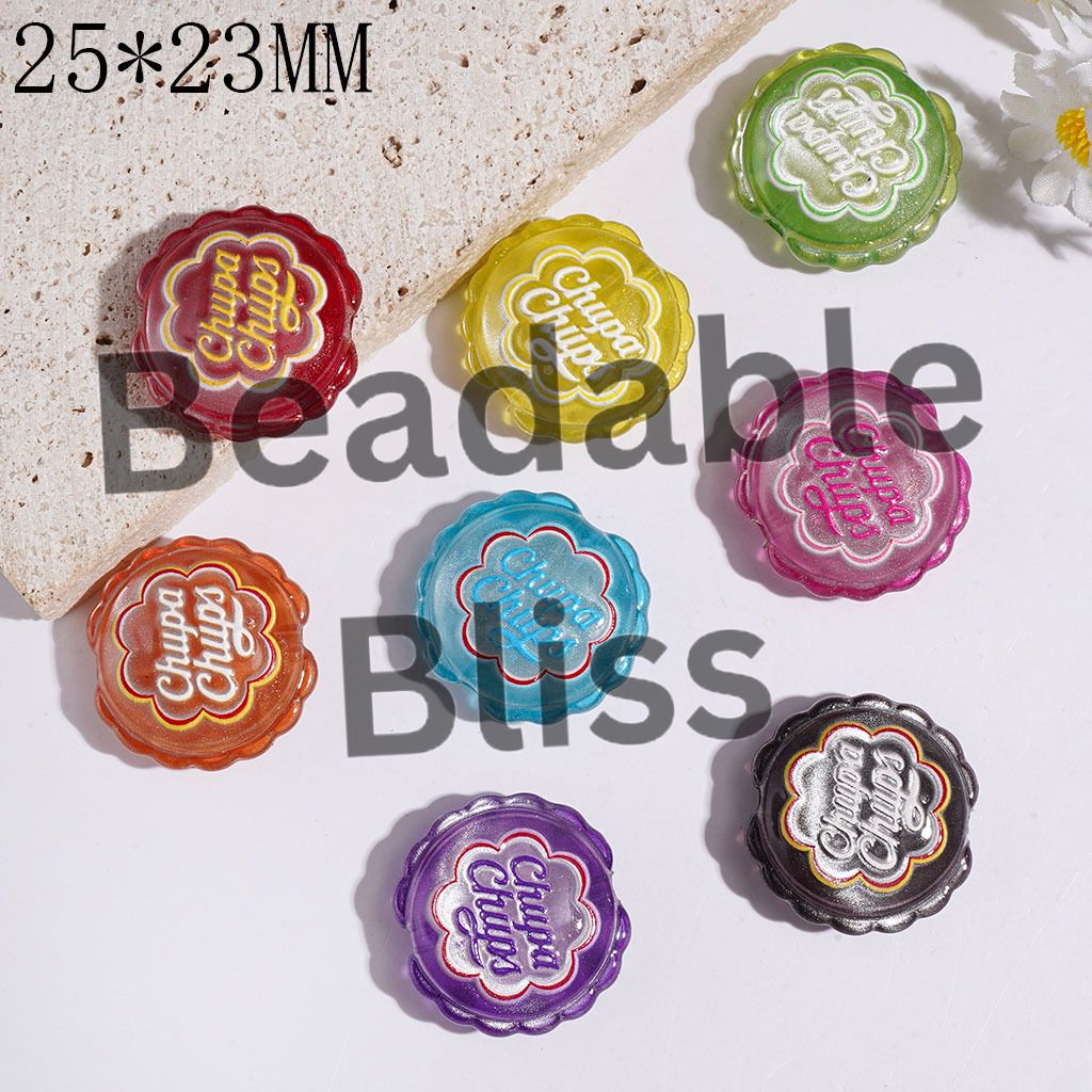 Acrylic Beads Candy Bottle Cap with Glitter, Wavy Edged Flat Round Shape, 25*23MM Multi-Color Random Mix