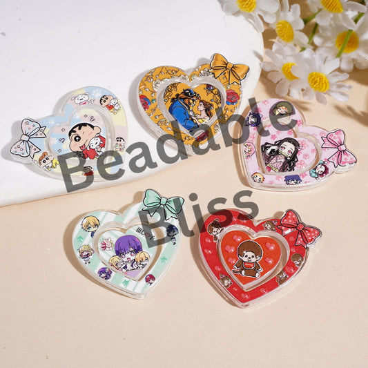 Cartoon Characters Series Acrylic Beads, Heart-Shaped Frame with Bowtie & Mini Heart Piece, Random Mix