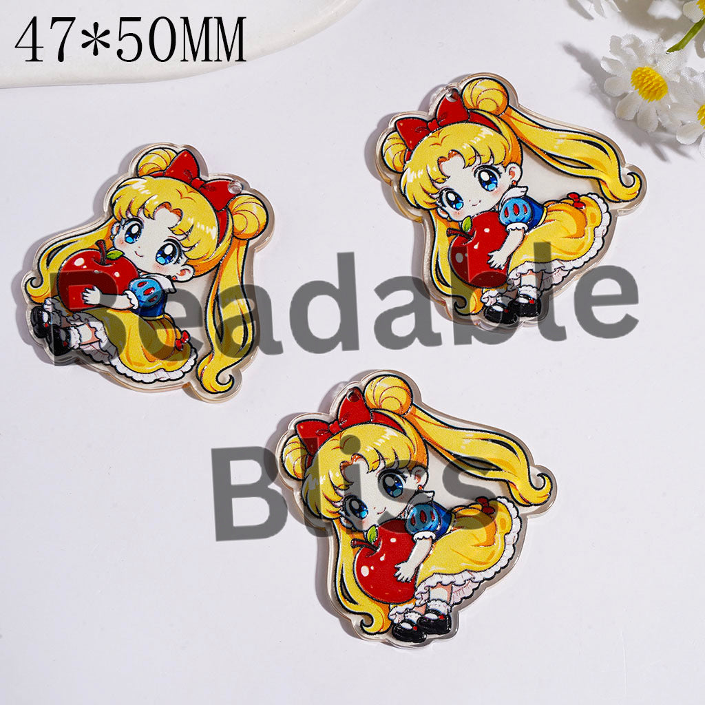 Clear Single Side Acrylic Pendants Magical Girl Guardian Character Wearing Princess Clothes and Holding Apple, 47*50MM
