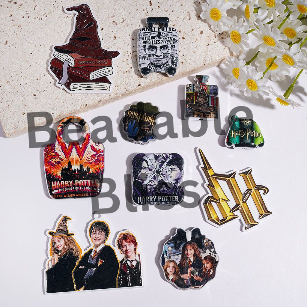 Acrylic Beads and Pendants Wizard Boy Character Series, Silver Border, Random Mix