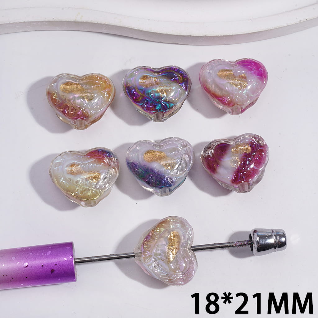 Acrylic Heart Beads UV Coating with Shell and Gold Foil Papers Insides, 18*21MM, Random Mix