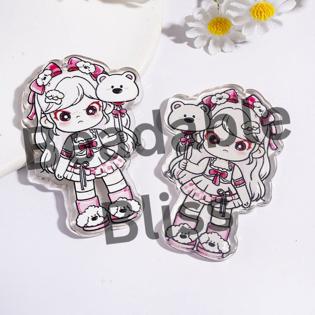 White Haired Girl Wearing Hairband with Bow Cute Dog & Holding Bear Balloon in Single-Sided Acrylic Pendants