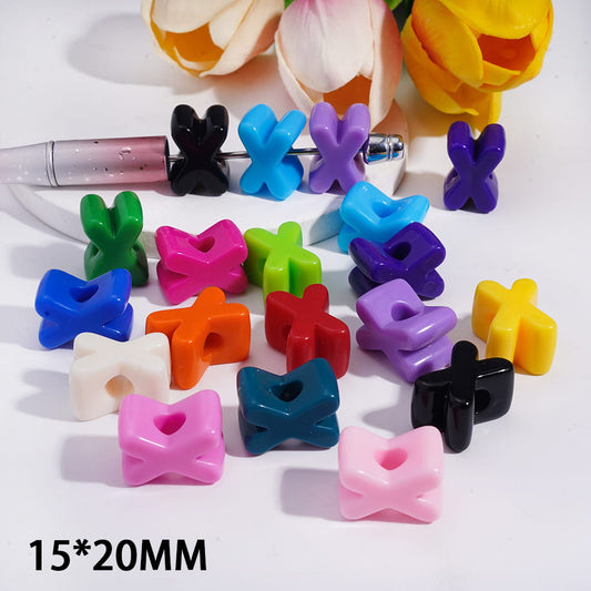 Acrylic Beads Letter "X" Shape, Big Hole Beads, Horizontal Hole, Solid Color, 15*20MM, Random Mix (The Hole Diameter is Around 6MM)