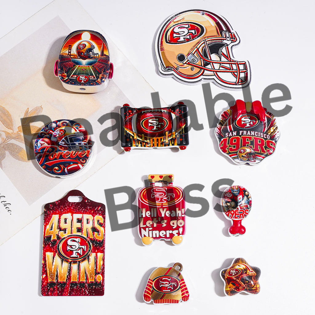 Acrylic Beads and Pendants with SF American Football Team, Silver Border, Random Mix