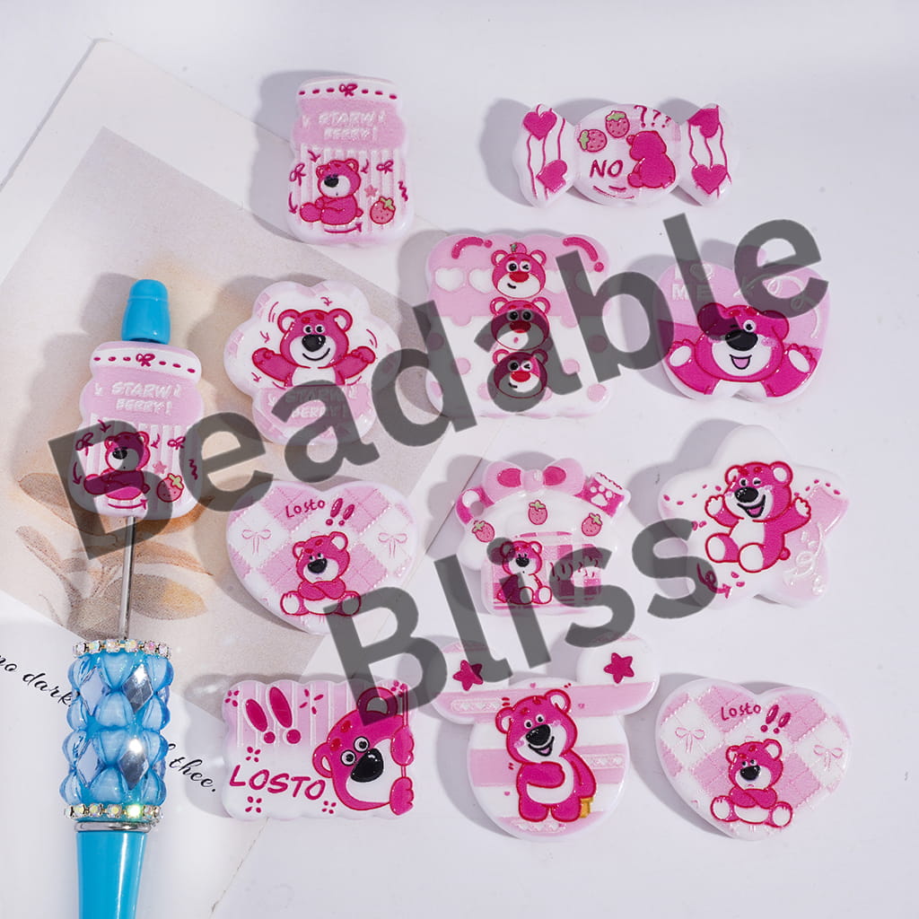 Acrylic Beads Pendant with Pink Bear Series Prints, Random Mix