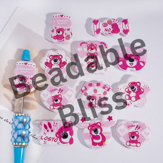 Acrylic Beads Pendant with Pink Bear Series Prints, Random Mix