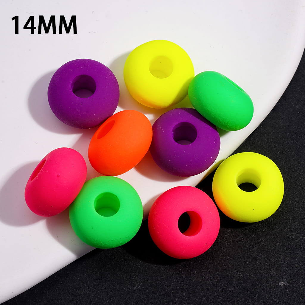 Acrylic Wheel Beads Matte Rubber Touch, Fluorescence Colors, 14MM, Big Hole Beads, Random Mix (The Hole Diameter is Around 4.5MM)