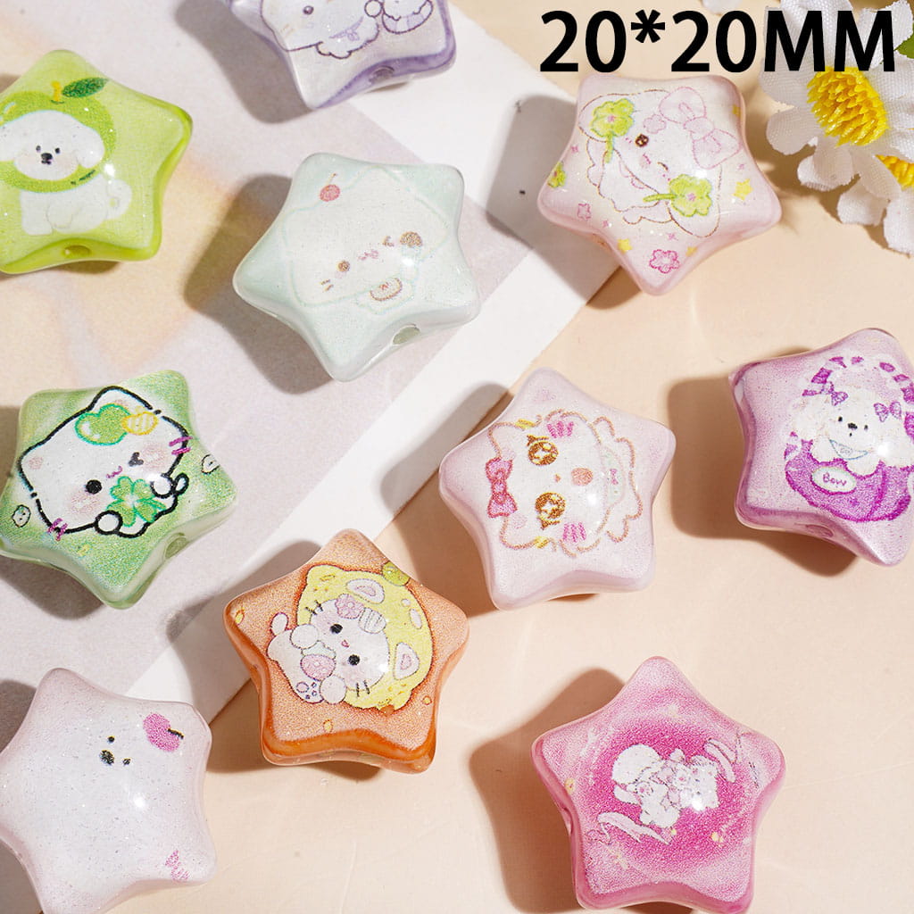 Acrylic Beads Animal Cartoon Printed Series, Five-Pointed Star with Glitter, 20*20MM Multi-Color Random Mix