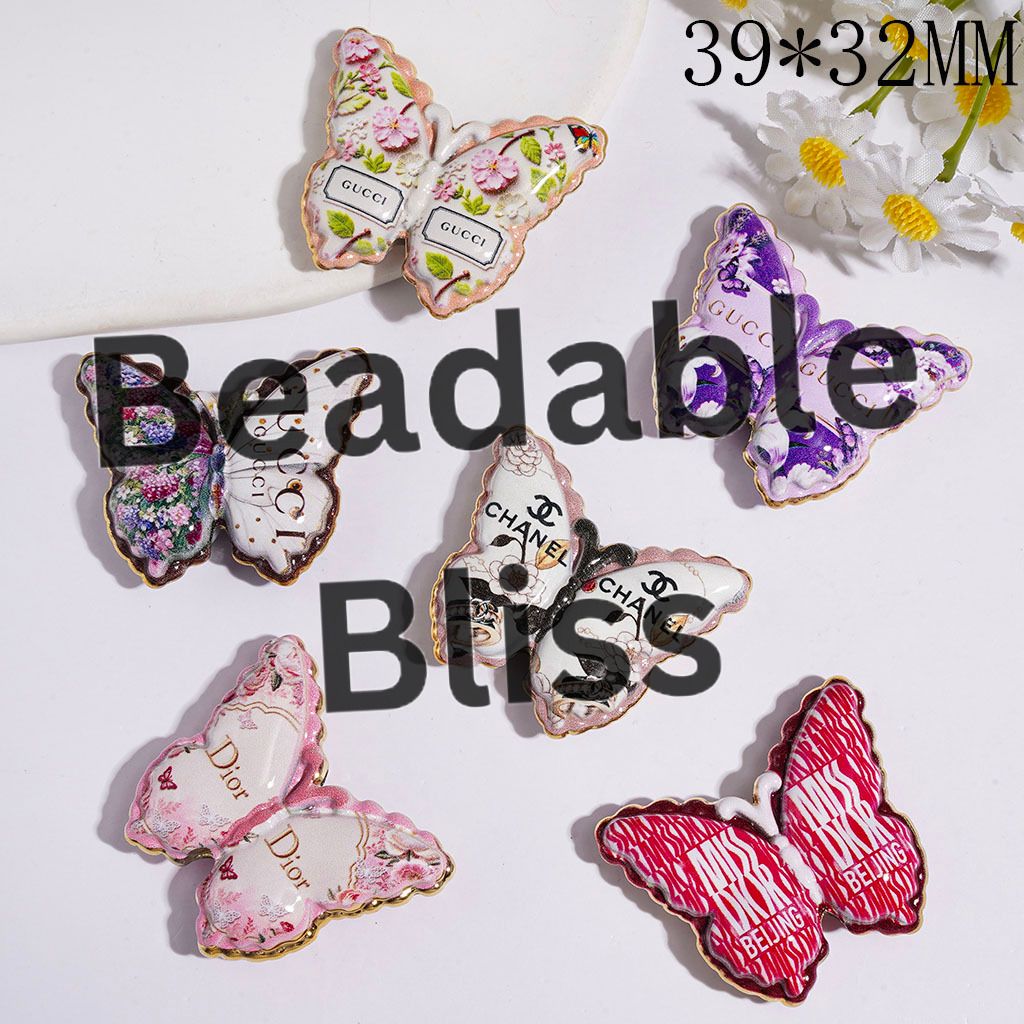 Acrylic Beads Butterfly with Flower and Fashion Print, Gold Border, 39*32MM Random Mix