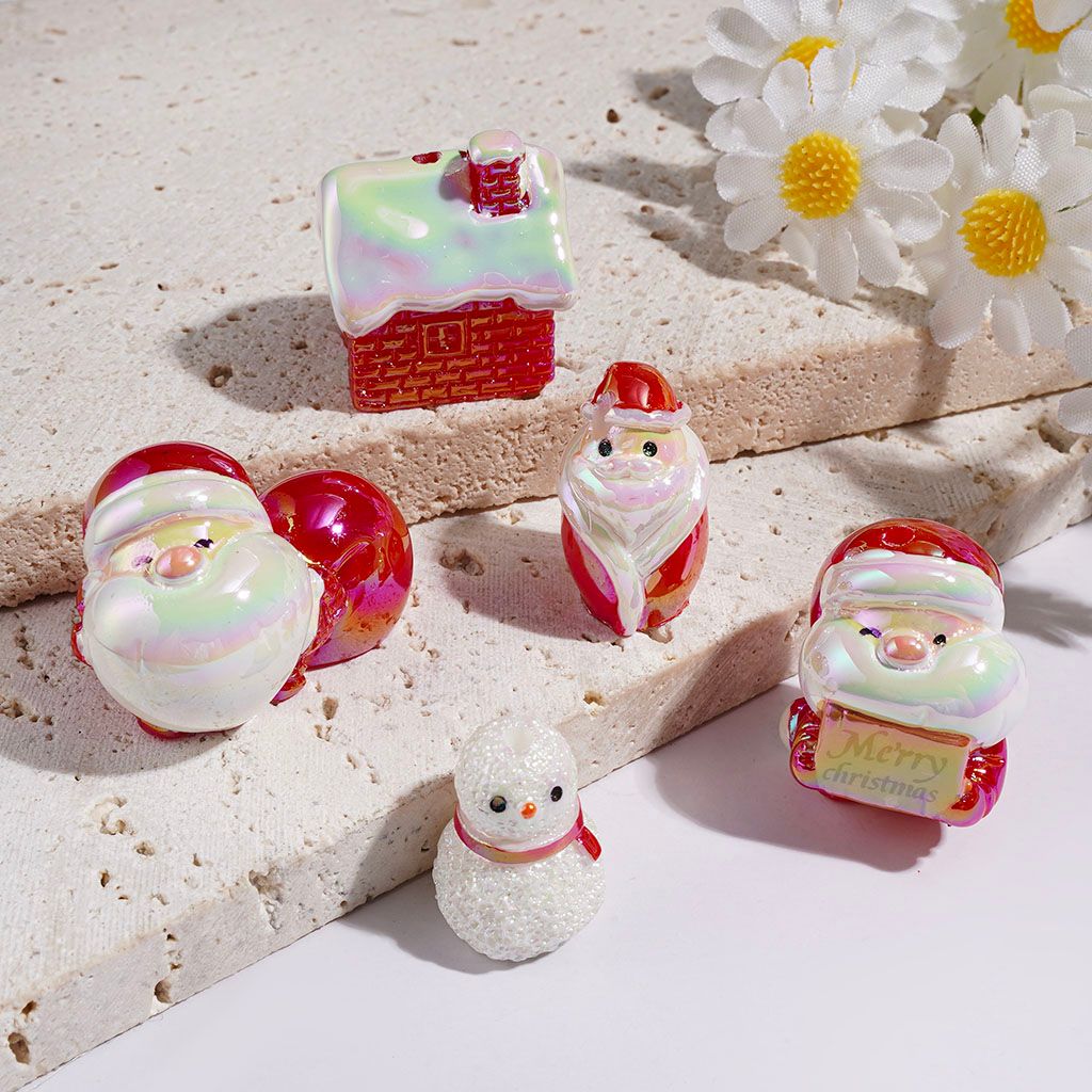 UV-Coated Acrylic Beads Christmas House Santa Claus Snowman, Random Mix