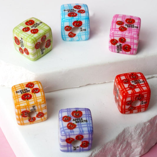Cute Red Apples Design Cube Square Acrylic Beads, Around 15MM, Random Mix