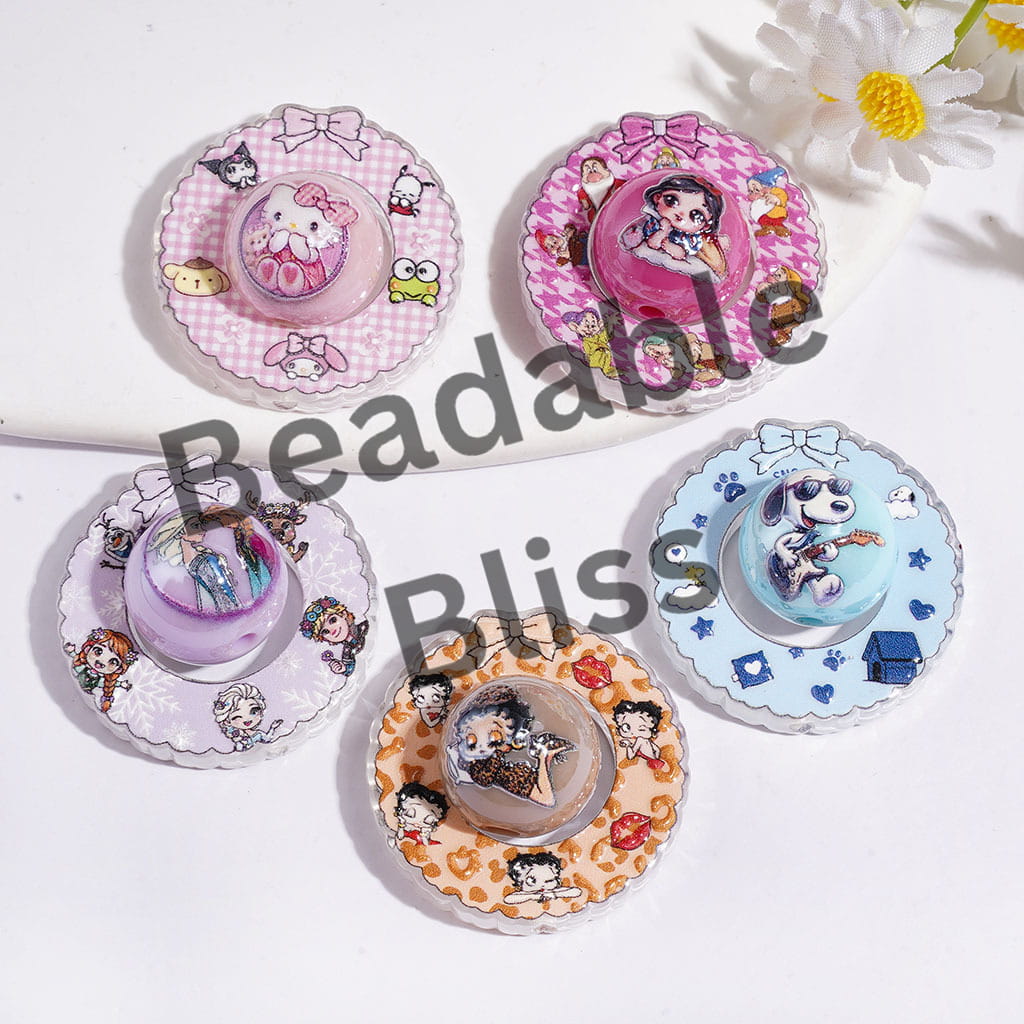 Cartoon Character Acrylic Beads, Wavy Edge Round Frame w Bow & Round Beads, Random Mix (The Round Beads is 16MM)