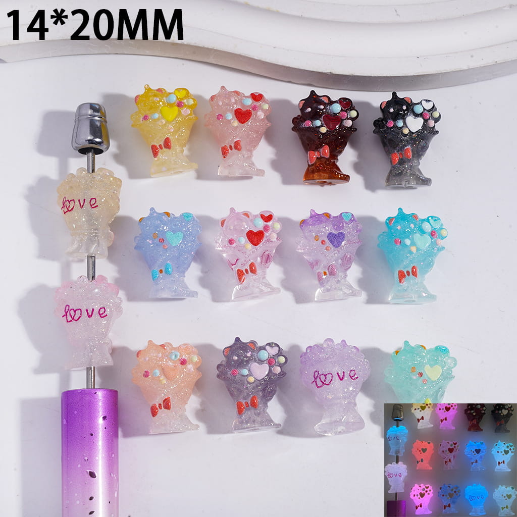 Acrylic Flower Bouquet Beads Luminous with Hearts Bowtie Glitter and Text "LOVE", 14*20MM, Random Mix