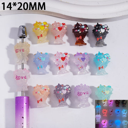 Acrylic Flower Bouquet Beads Luminous with Hearts Bowtie Glitter and Text "LOVE", 14*20MM, Random Mix