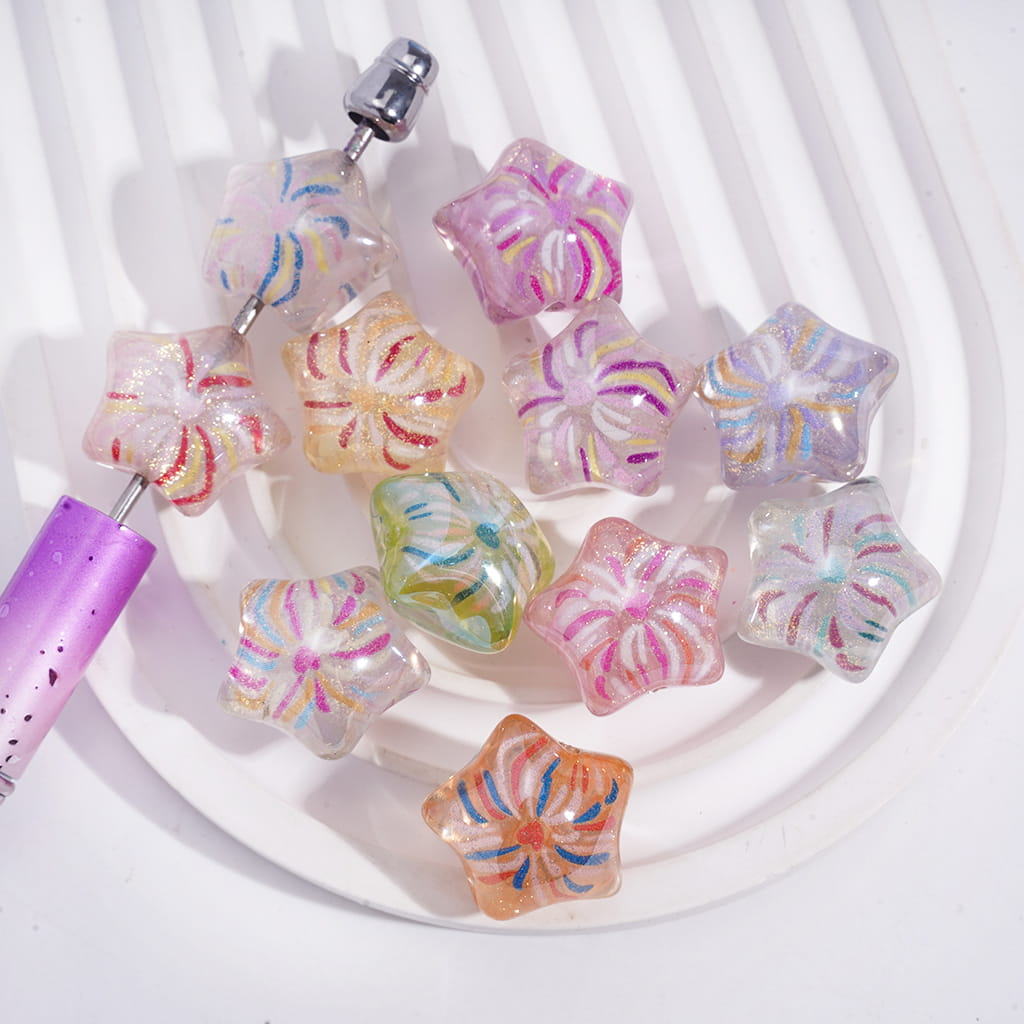 Acrylic Star Beads with Fireworks and Gold Glitters, Around 22MM, Semi-Clear, Random Mix