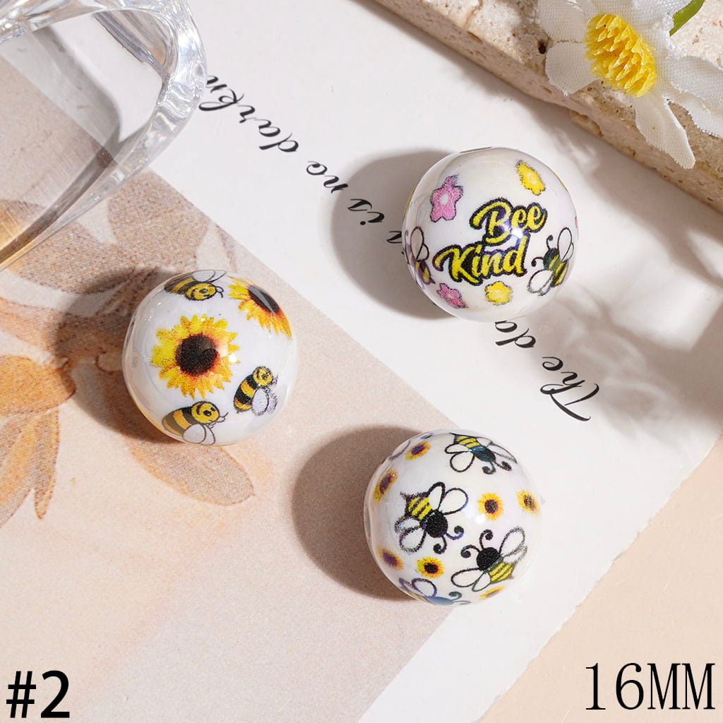 Cute Honey Bees and Flowers Theme Prints, UV Finish Acrylic Beads for Bracelets & Necklace, 16MM, Assorted Style