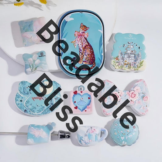 Acrylic Beads and Pendants with Jaguar and Gift Box and Flower Print, Teal Series, Random Mix
