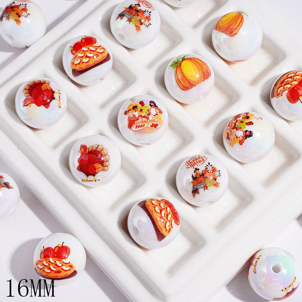 UV-Coated Acrylic Beads for Bracelets Poultry Turkey Pumpkin Pizza Series, Thanksgiving Day, 16MM, Random Mix