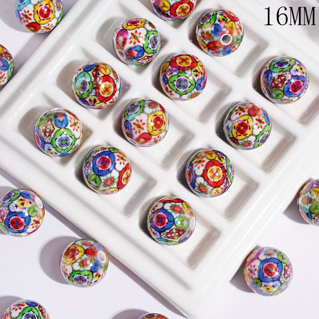 UV-Coated Acrylic Bead for Bracelets with Colorful Pattern, Ethnic Style, 16MM