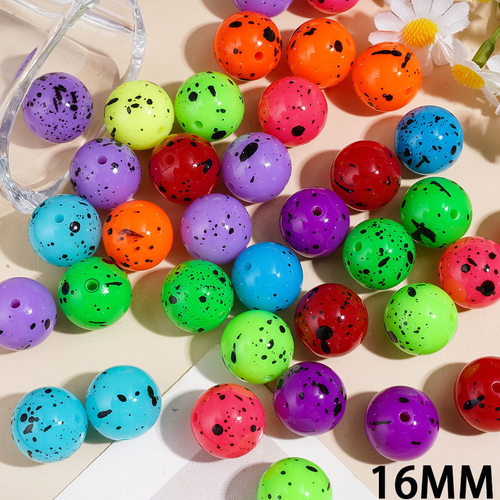 Acrylic Beads for Bracelets Black Ink Splash Spots Print, 16MM Multi-Color Random Mix