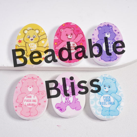 Silicone Focal Beads Rainbow Bear in Macaron Color and Various Designs, Egg Shape, Random Mix