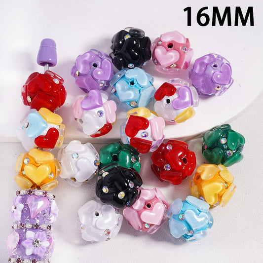 Assorted colorful beads with '16MM' text on a white background