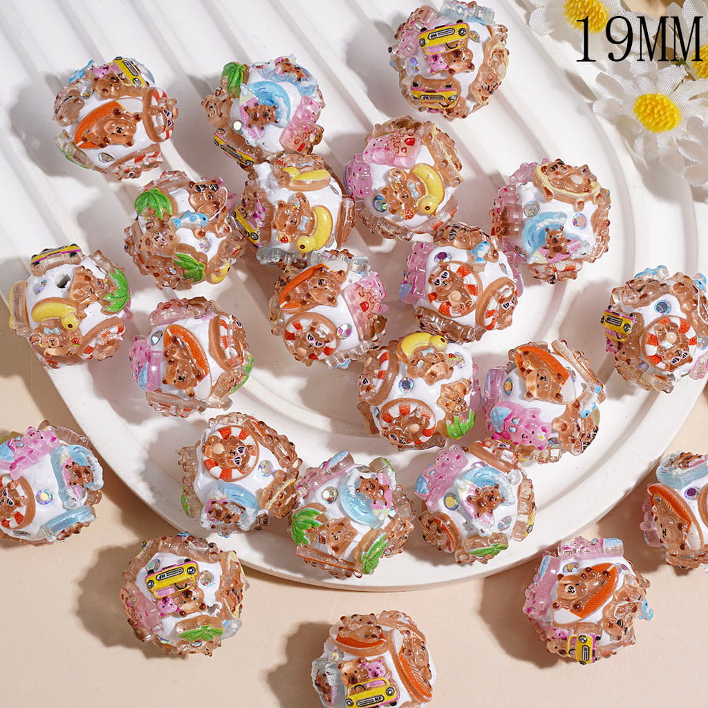 Clay Beads Happy Bear in Summer Holiday and AB Rhinestones, 19MM Random Mix