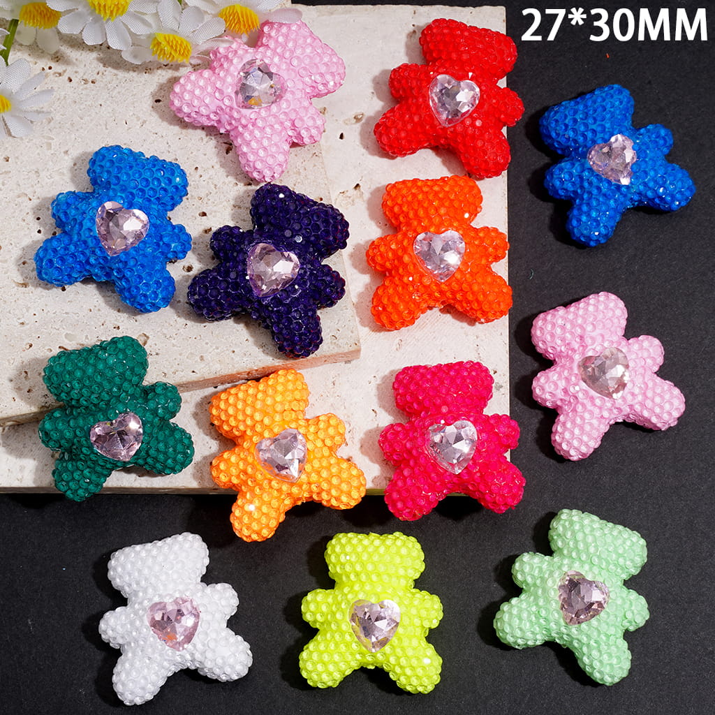 Neon Colors Bear Clay Beads with Pink Heart Rhinestones on Chest, 27*30MM, Random Mix