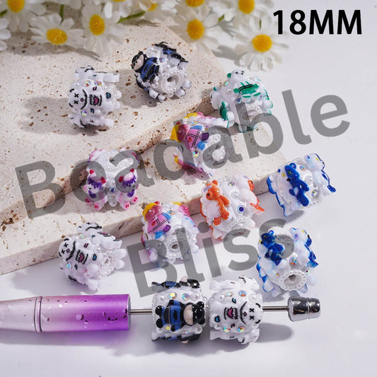 Clay Beads with Violent Bear and AB Rhinestones, White Pearl Chains, 18MM, Random Mix