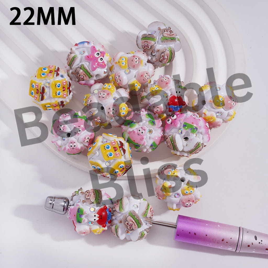 Clay Beads with Yellow Sponge Character and AB Rhinestones, 22MM, Random Mix