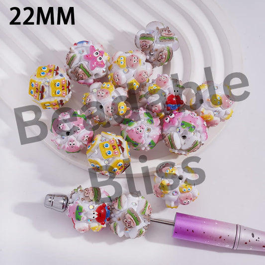Clay Beads with Yellow Sponge Character and AB Rhinestones, 22MM, Random Mix