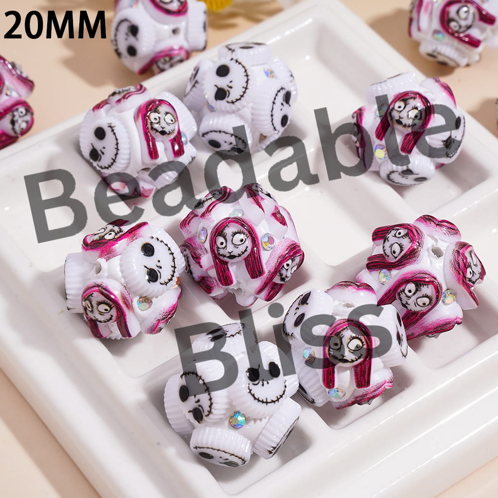 Clay Beads with Halloween Skeleton Couple Character Series and AB Rhinestones, 20MM, Random Mix
