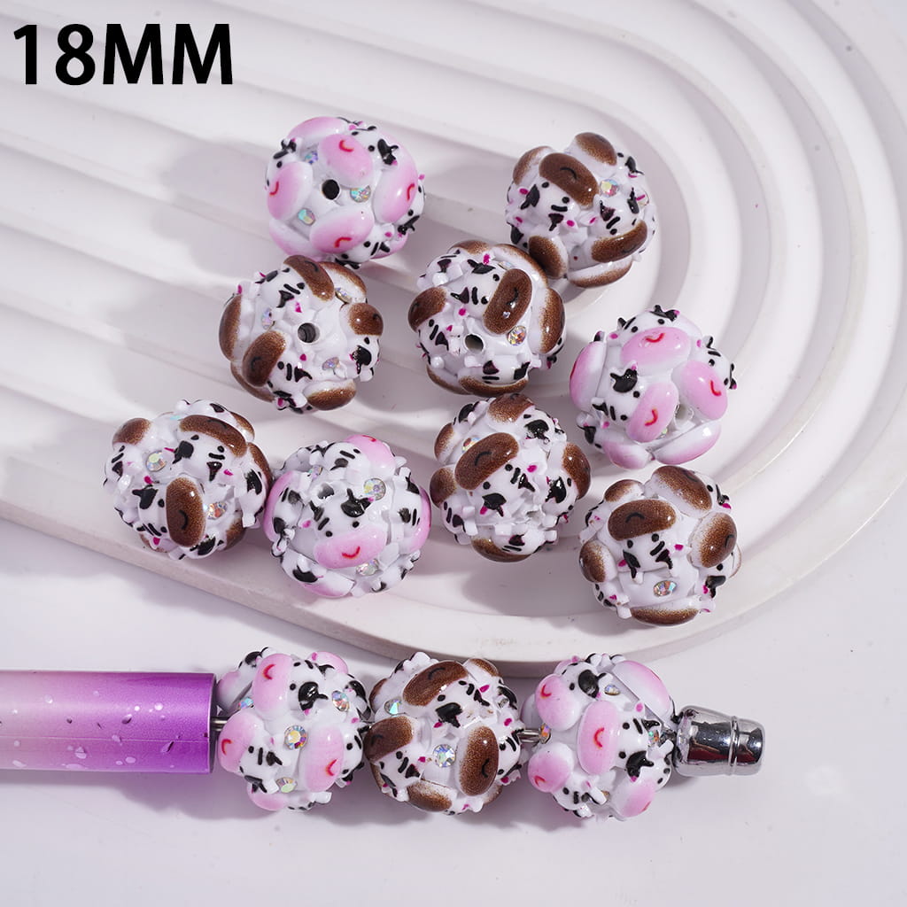 Clay Beads with Dairy Cow and AB Rhinestones, 18MM, Pink Brown, Random Mix