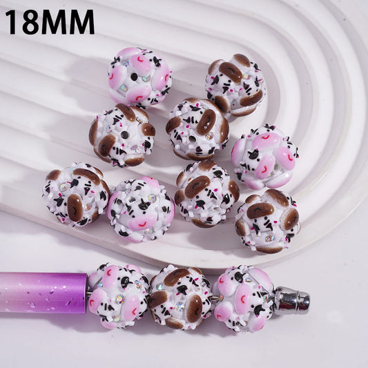 Clay Beads with Dairy Cow and AB Rhinestones, 18MM, Pink Brown, Random Mix