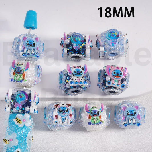 Collection of colorful Stitch-themed beads on a white background

