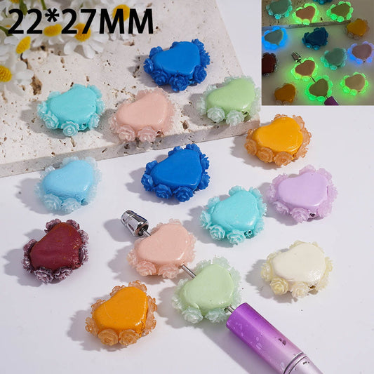 Clay Heart Beads with Luminous Rose Flower on Flower Edge, 22*27MM, Random Mix
