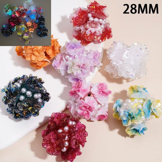 Clay Beads with Luminous Glitter Hydrangea Flowers and White Pearls, 28MM, Multi-Color, Random Mix