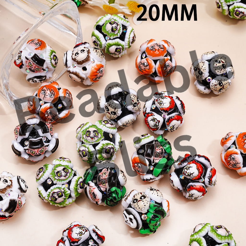 Clay Beads with Horror Character Series and AB Rhinestones, 20MM, White and Black Background, Random Mix