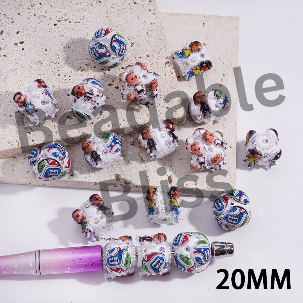 Clay Beads with Soccer Players, AB Rhinestones and White Pearls, 20MM, Random Mix