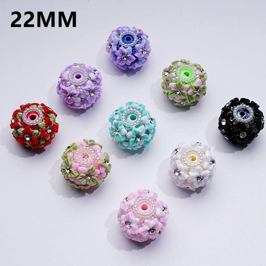 Multi-Color Cute Flowers Clear Rhinestone Inside White Pearls Ring Clear Sugars Round Clay Beads, 22MM
