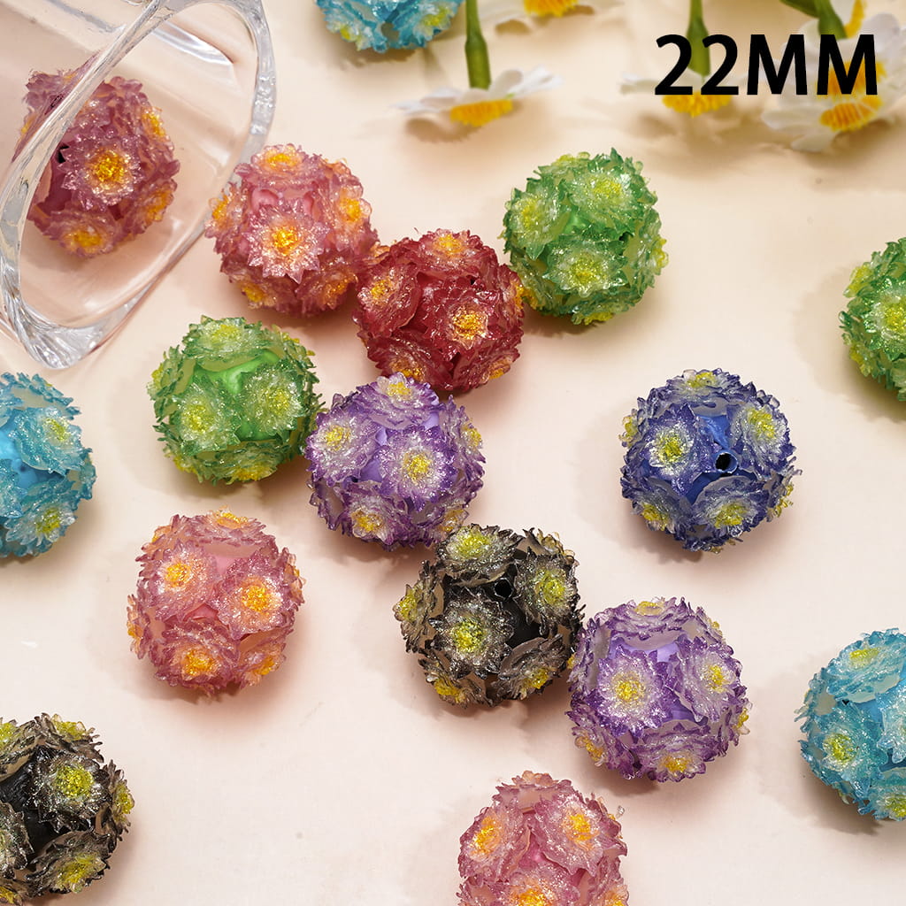 Clay Beads with Luminous Glitter Flowers, 22MM, Multi-Color, Random Mix