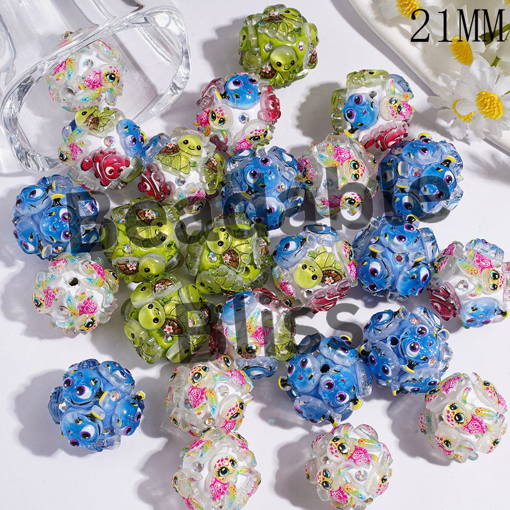 Clay Beads Sea Marine Life Series with Fish Turtle and AB Rhinestones, 21MM Random Mix