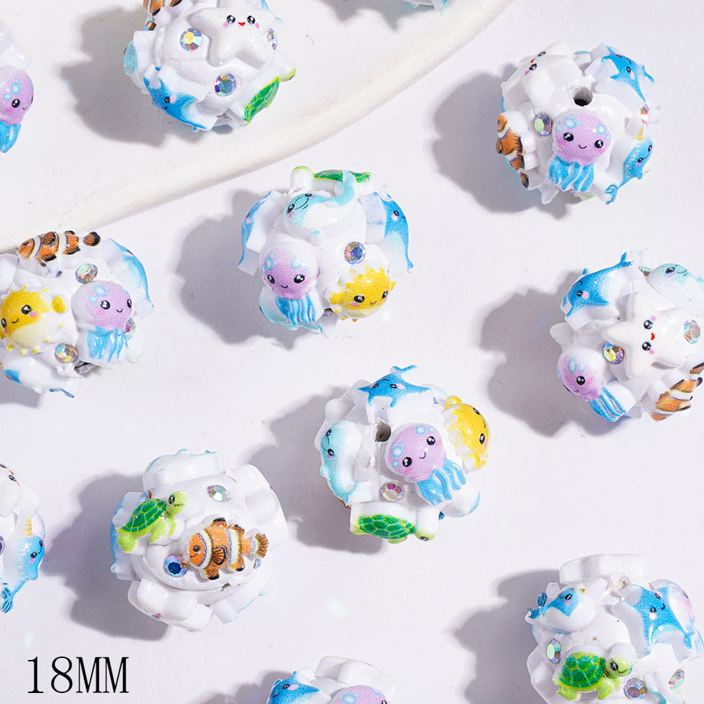 Clay Beads with Jellyfish Dolphin Ugly Fish Manta Ray Starfish Turtle Pufferfish and AB Rhinestones, 18MM