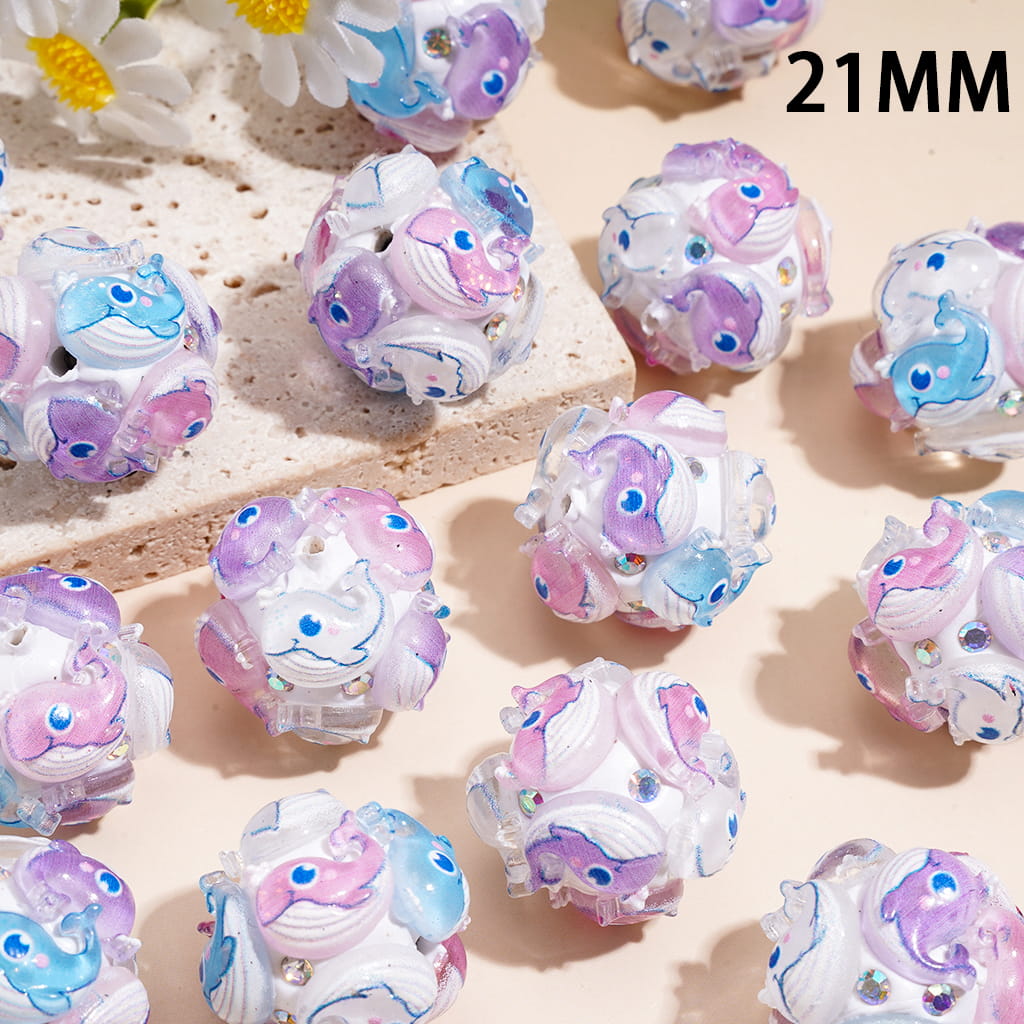 Clay Beads with Small Ocean Whale and AB Rhinestones, 21MM