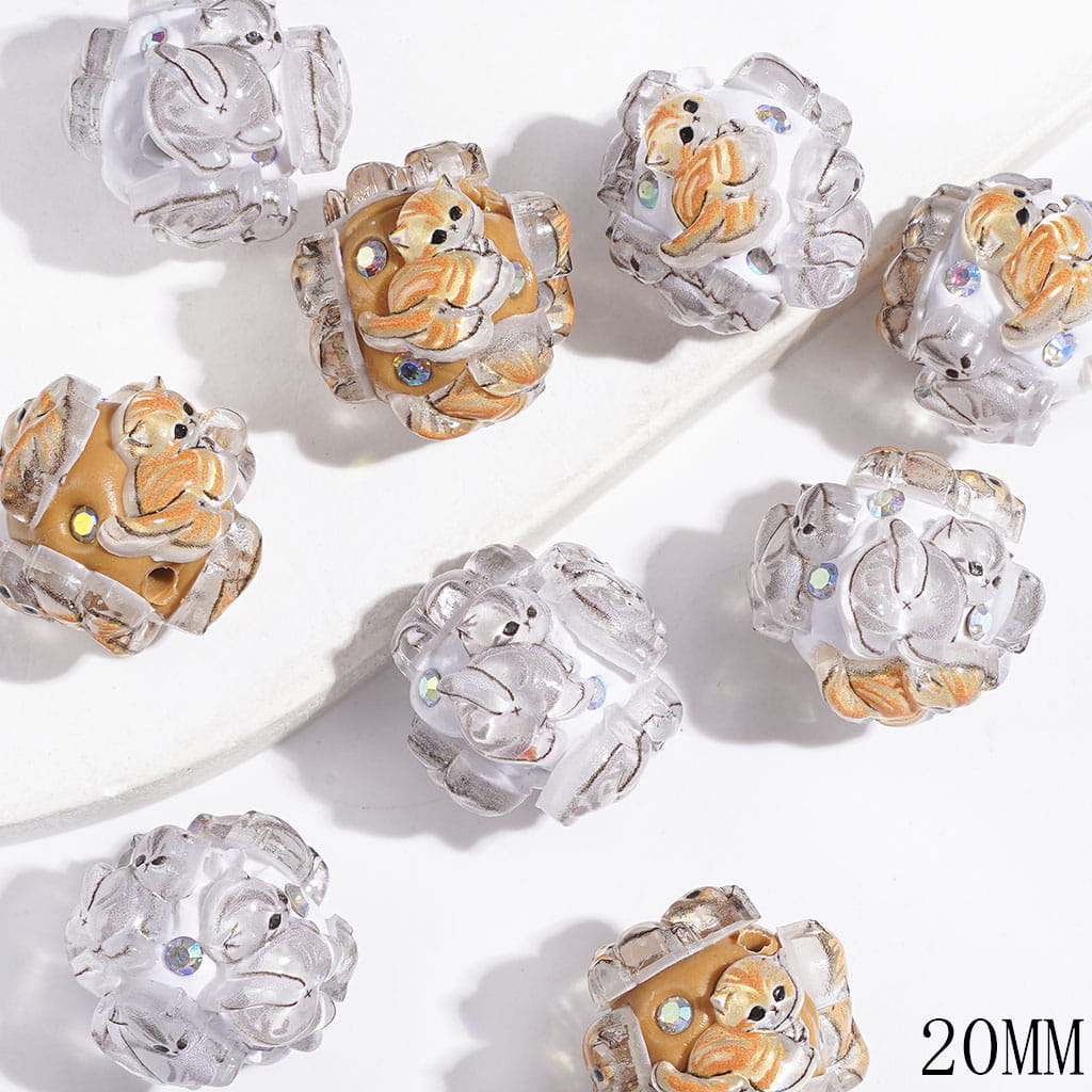 Clay Beads with Gray Yellow Kitten and AB Rhinestones, 20MM, White and Light Brown Background, Random Mix