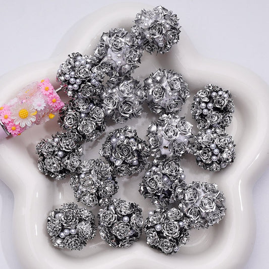 Fancy Shiny Silver Flowers White Pearls Round Clay Beads, 20MM