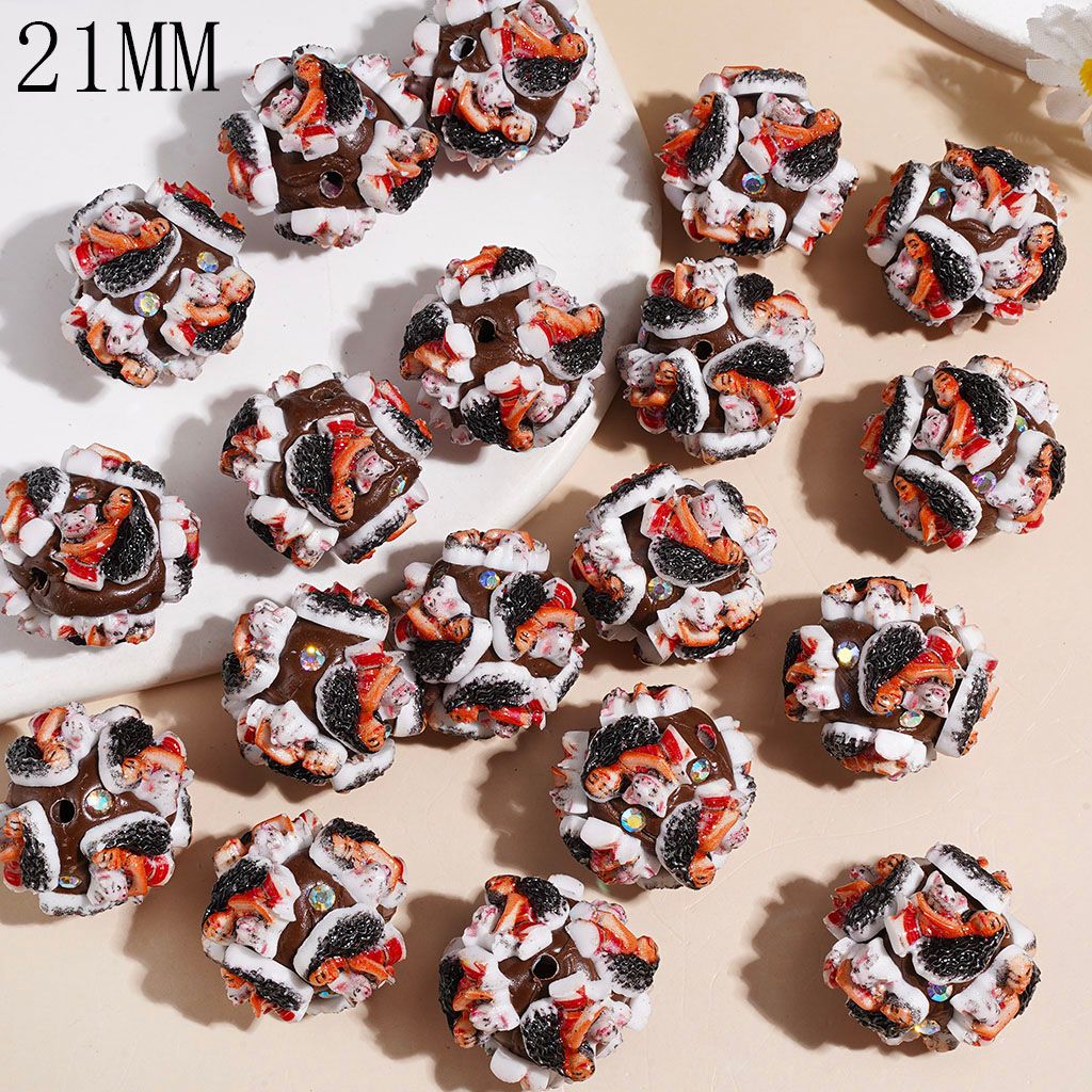 Clay Beads with Long Hair Girl Holding Pig and AB Rhinestone on Brown Background, 21MM