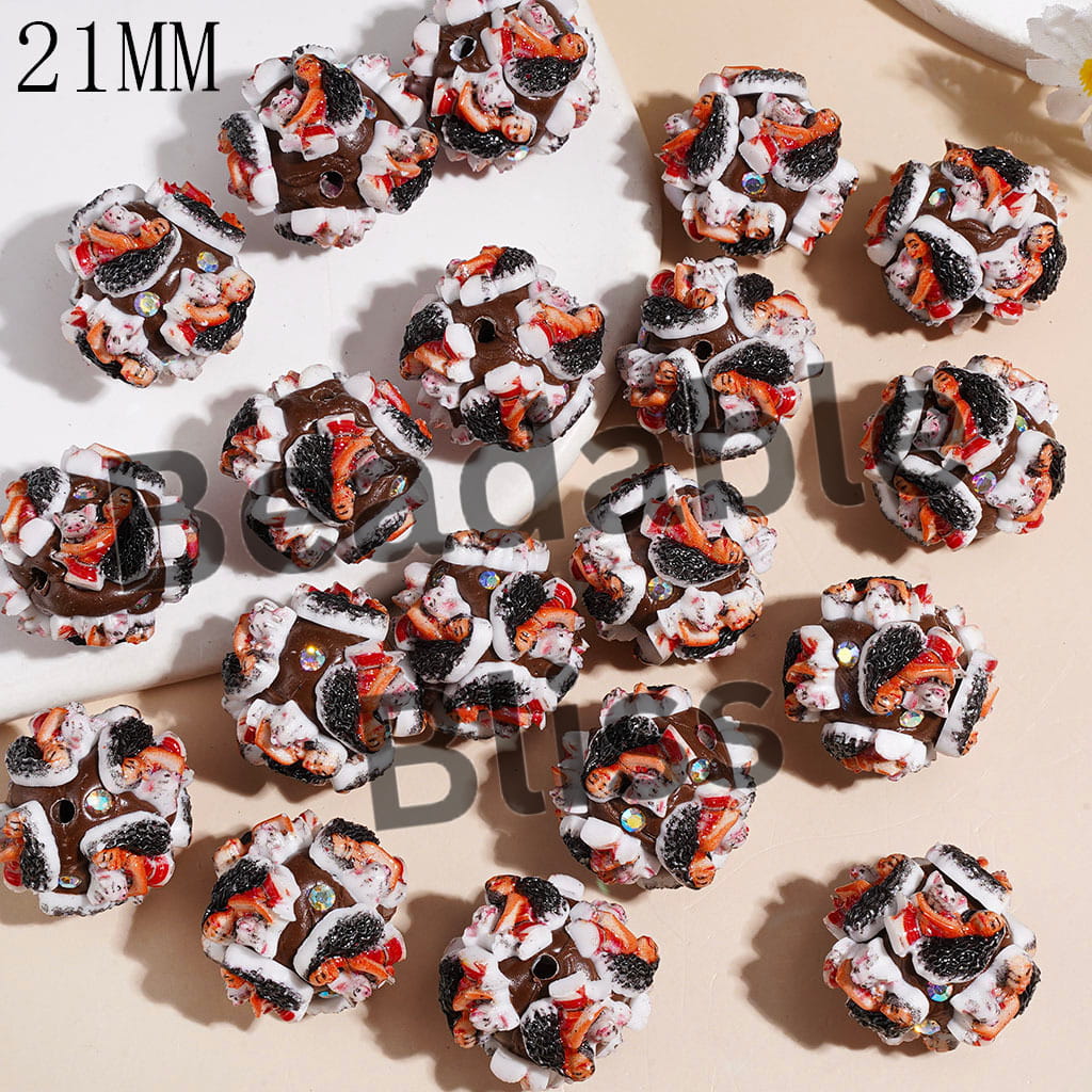 Clay Beads with Long Hair Girl Holding Pig and AB Rhinestone on Brown Background, 21MM